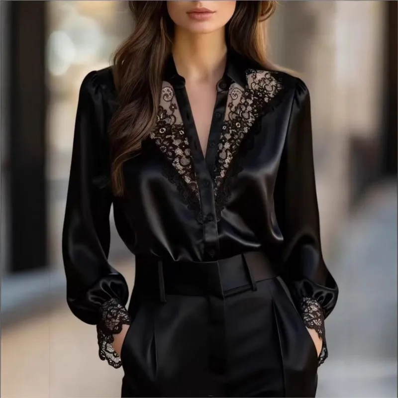 Fashion White Black Satin Shirt Top Spring Turn Down Collar Button Long Sleeve Blouse Elegant All Match Office Lady Shirts Tops
