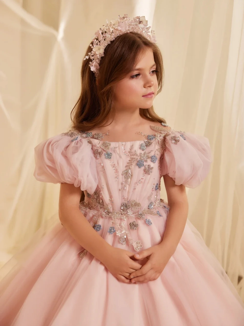 Pink Embroidery Beaded Lace Princess Gown For Gilrs Birthday Party Cute Sweet Bow Kids Dresses Children's Day Performance Wear