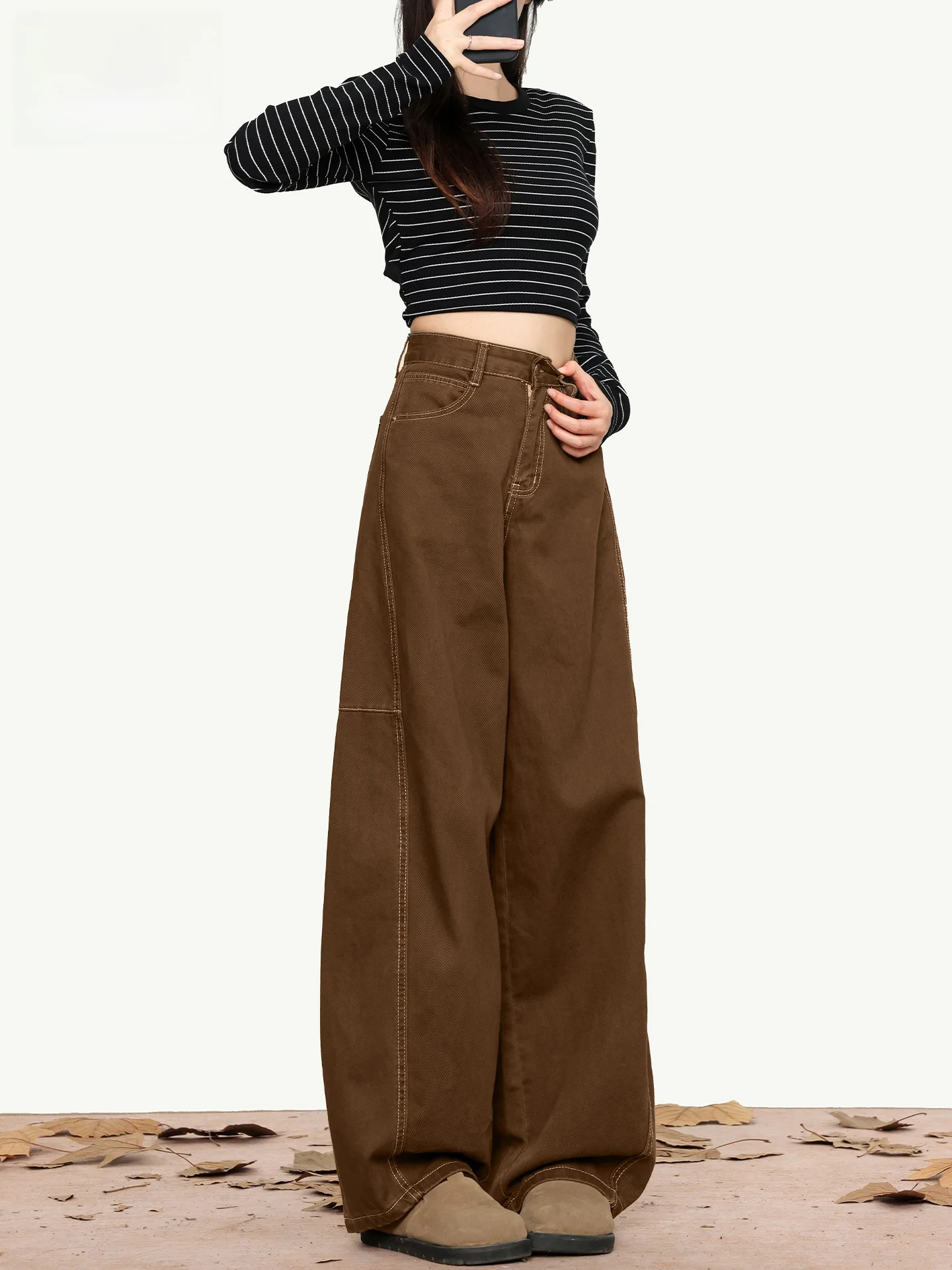 

High Waist Loose Fit Women's Denim Jeans Summer Trendy Belted Knife Slimming Casual American Style Light Blue Color