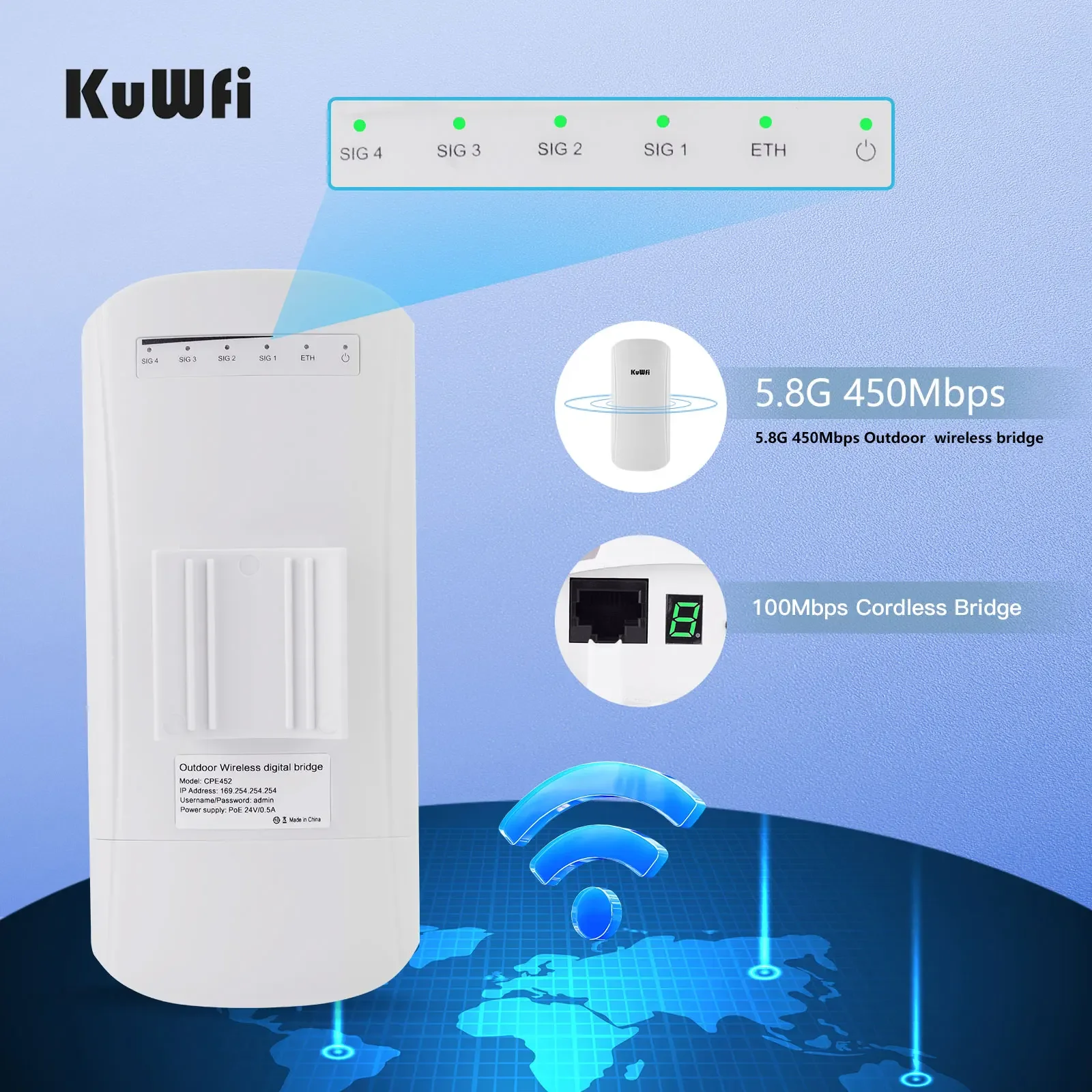 Imagem -03 - Kuwfi 5.8g 450mbps Ponte Cpe Externa 12km Ponto de Acesso de Longo Alcance Repetidor Wifi Antena 12dbi Amplificador de Sinal Wifi 24v Poe