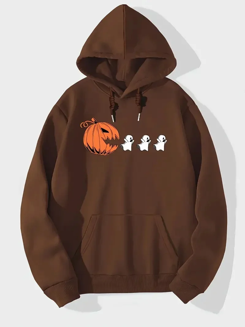 Family funny Halloween eating pumpkin ghost funny sportswear hoodie men's hooded sweatshirt long sleeved Christmas funny cute ho