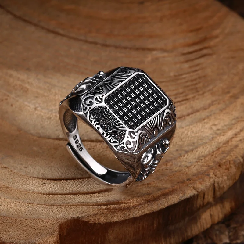 S925 Sterling Silver Scorpion Adjustable Ring Punk Style Old Process Black Zircon Solid Free Size Fine Jewelry FYRNG146