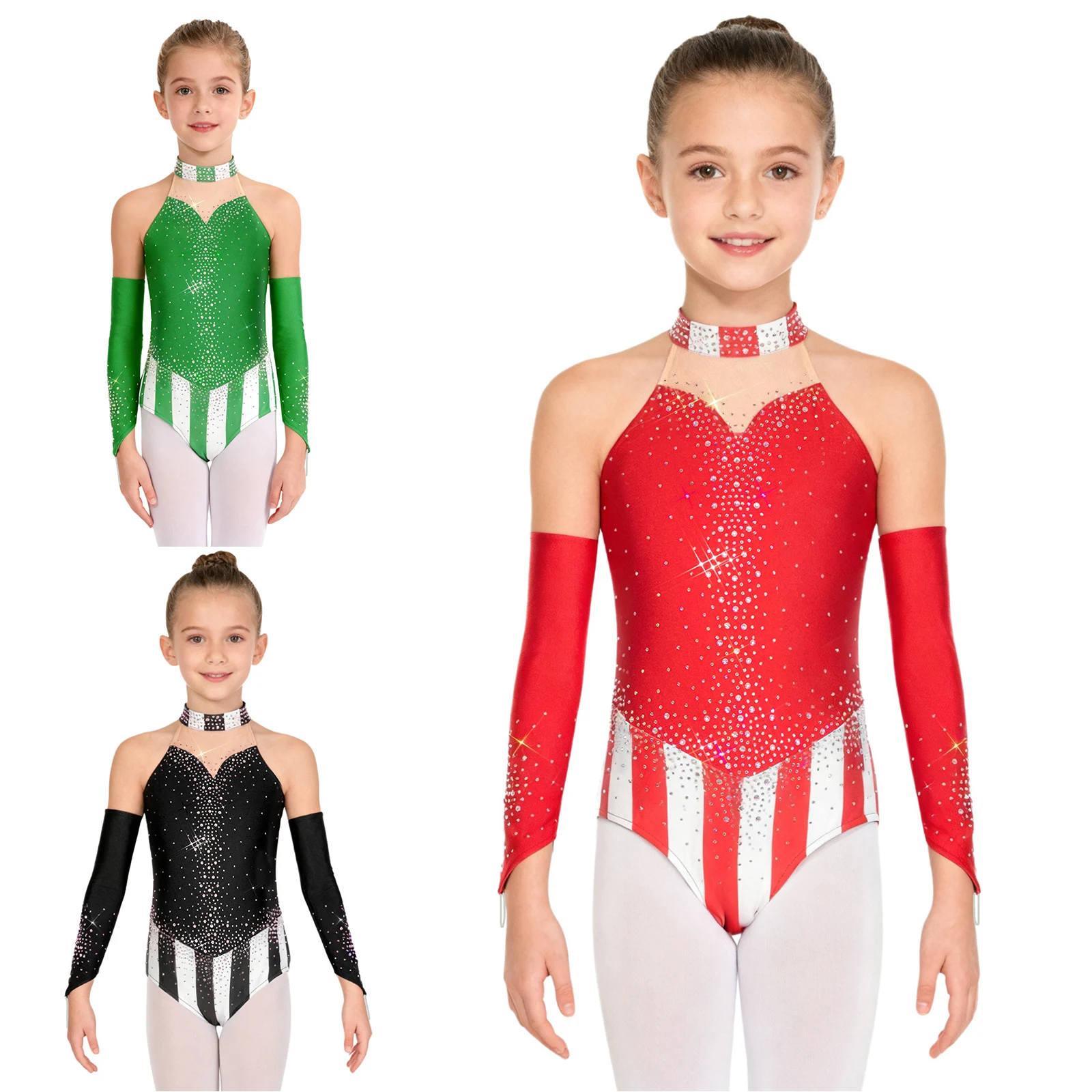 الفتيات عيد الميلاد الباليه الرقص الشكل التزلج الجمباز يوتار هالوين كرنفال حفلة لامعة الراين بذلة بأكمام #1