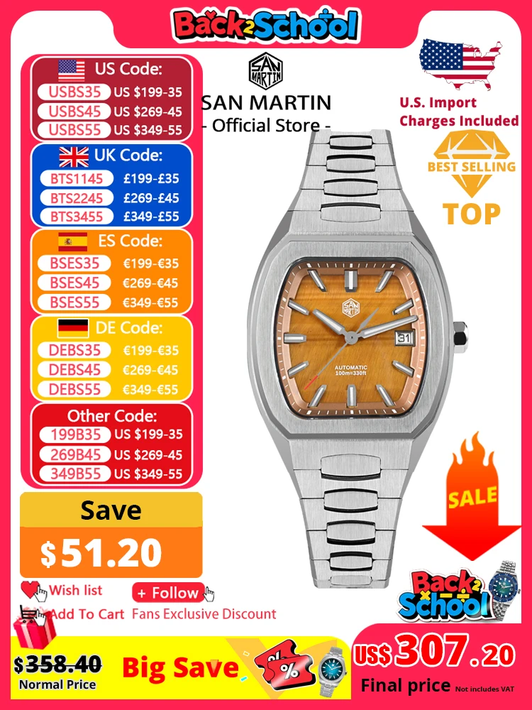 

San Martin 39.5mm Tonneau Luxury Men Watch Mineral Dial Casual Sports PT5000 SW200 Automatic Mechanical Sapphire Luminous SN0145