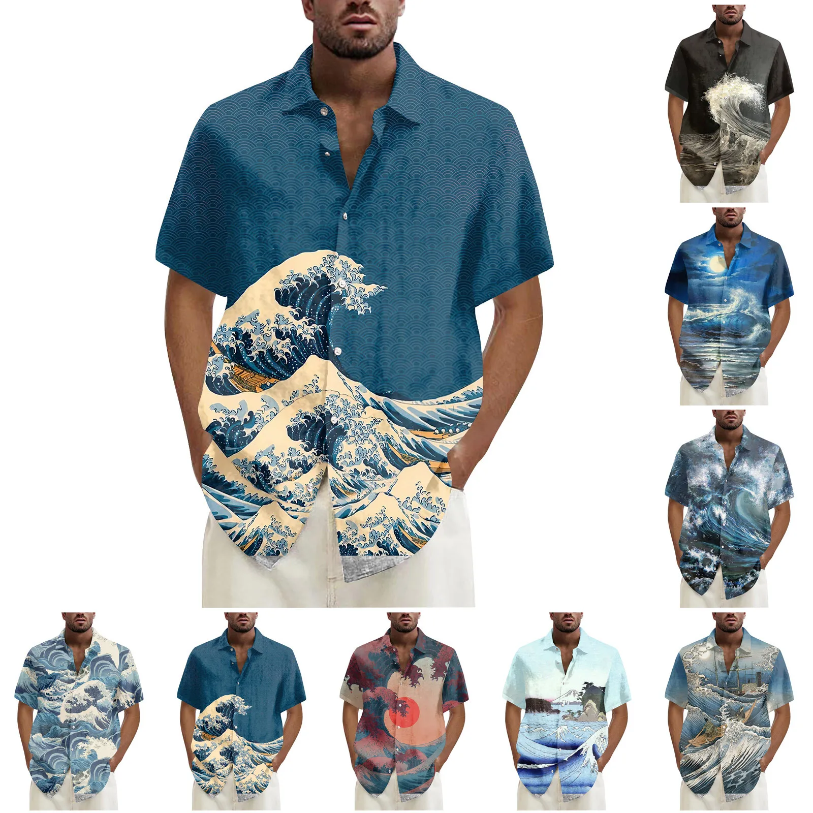 Summer 2024 Retro Beach Wave Print Men's Short sleeved Shirt Hawaiian Shirt Casual Fashion Top