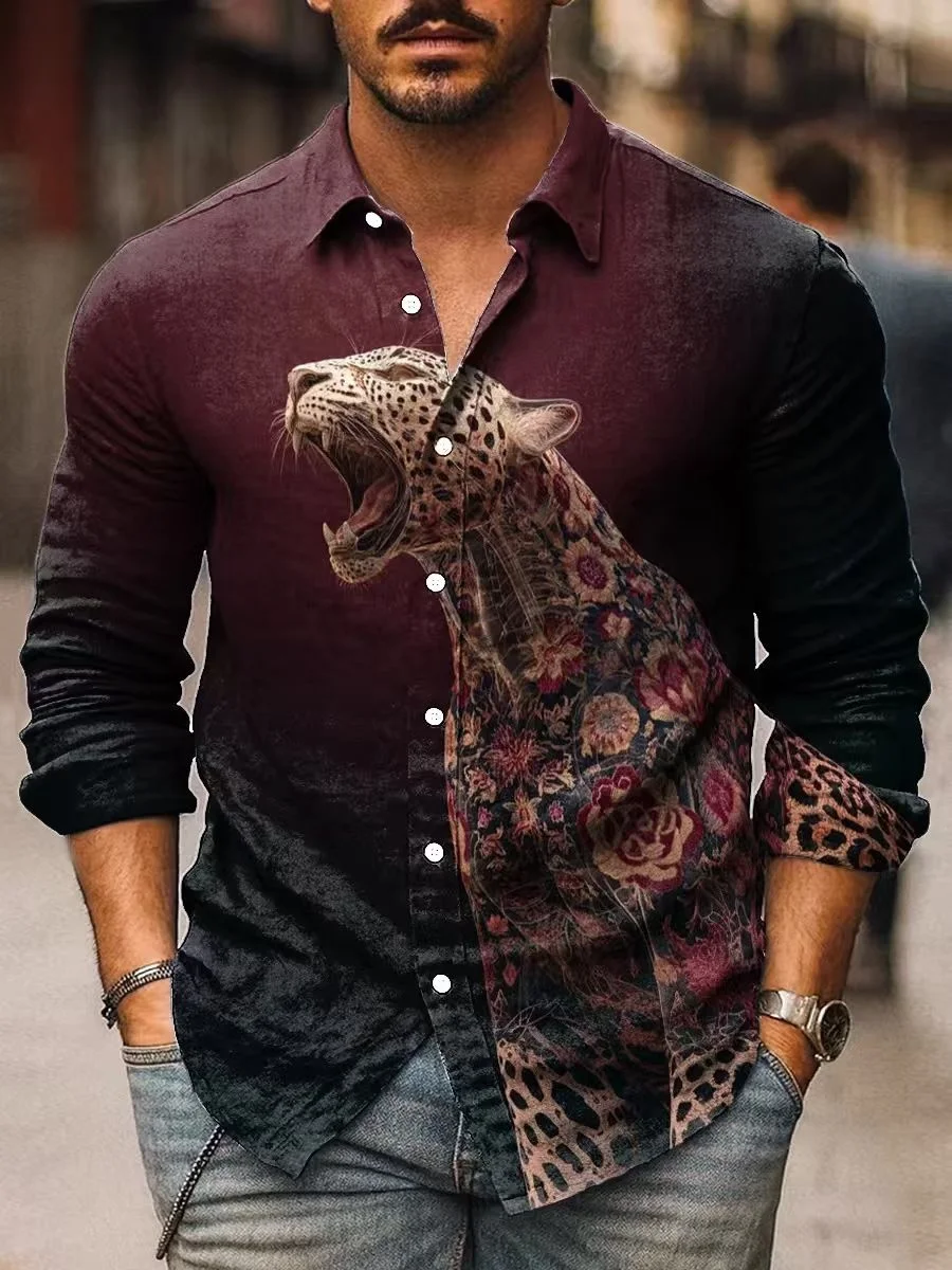 قميص رجالي بأكمام طويلة بطباعة هندسية، قميص أنيق بياقة بأزرار سفلية، مناسب للترفيه والعطلات في الهواء الطلق #6