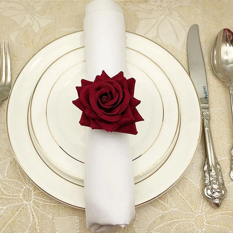 24 PCS Red Rose Shape Towel Buckle Napkin Ring Wedding Party Valentine's Day Hotel Table Decor Metal Gold Napkin Holder