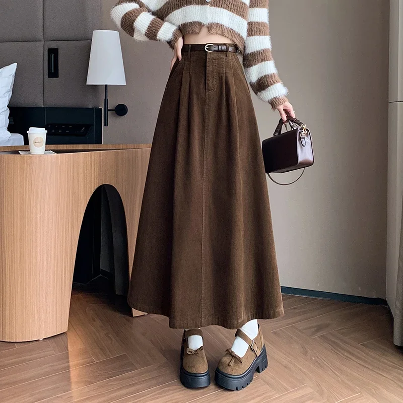 

2024 New Autumn Winter Women High Waist Belt Slim A-Line Long Skirt High Quality Elegant Big Hem Solid Color Corduroy Skit