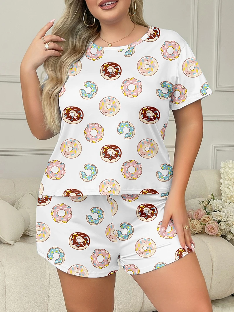 

Ladies' Soft Heart Print Pajama Set Loose Short Sleeve Crew Neck T-Shirt And Elastic Shorts Cozy Plus Size Sleepwear Loungewear