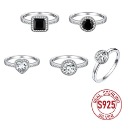 U7 925 Sterling Silver Wedding Rings for Woman Size 5 -12 Black White Crystal CZ Anniversary Dainty Jewelry Gift for Wife