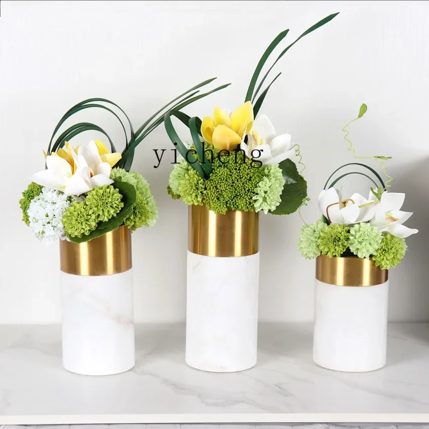 HYS simple light luxury metal ring marble vase home living room villa floral ornament home decoration