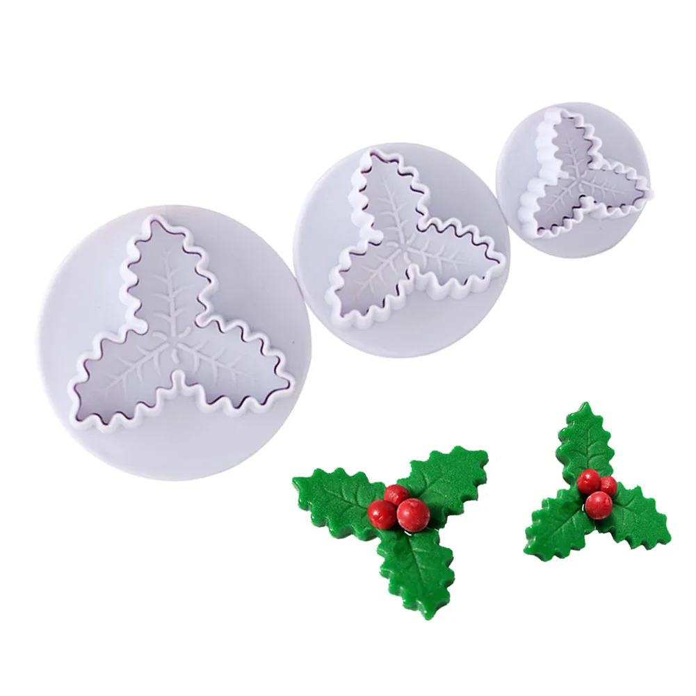 Food Grade Plastic Christmas Holly Leaf Mold Cookie Cutter Kitchen Baking Tools Plunger Stamp Die Fondant Cake Decorating
