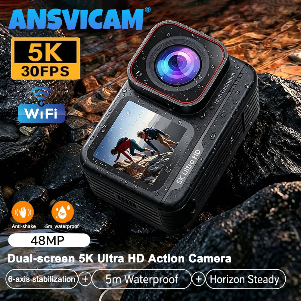 

ANSVICAM 5K Dual Screen Action Camera 4K60fps 6-Axis Stabilization Bare Metal Waterproof Sport Camcorder Wifi Helmet Vlog Camera