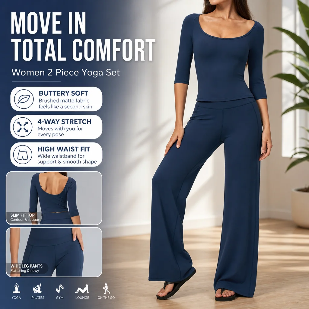 Women 2 Piece Yoga Set 3/4 Sleeve Slim Top High Waist Wide Leg Pants Gym Workout Activewear Se