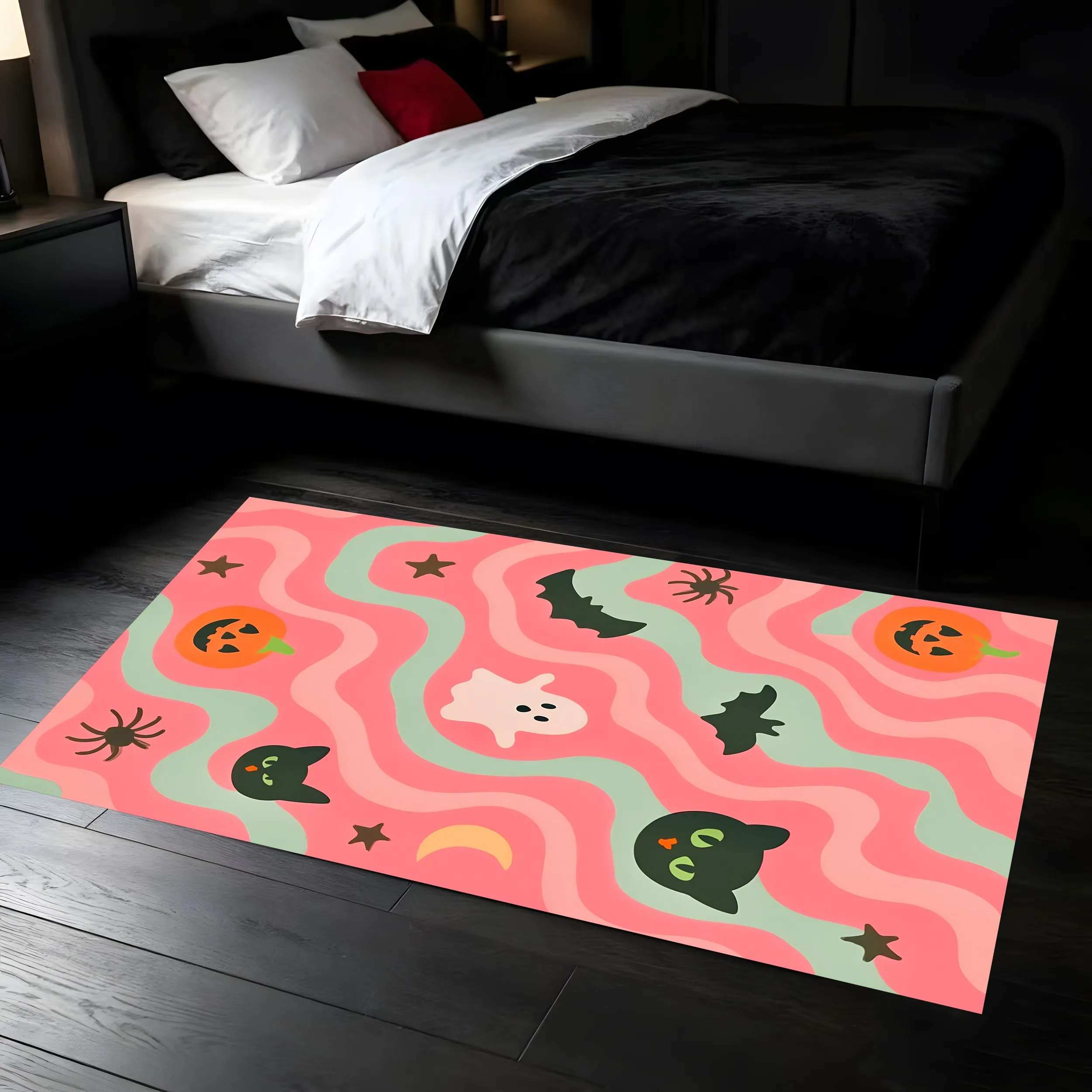 2D Rug Wavy Background Pumpkin Ghost Black Cat Prints Sweet Cool Childlike Style Bright Soft Colors Pleasing Eye Halloween Theme
