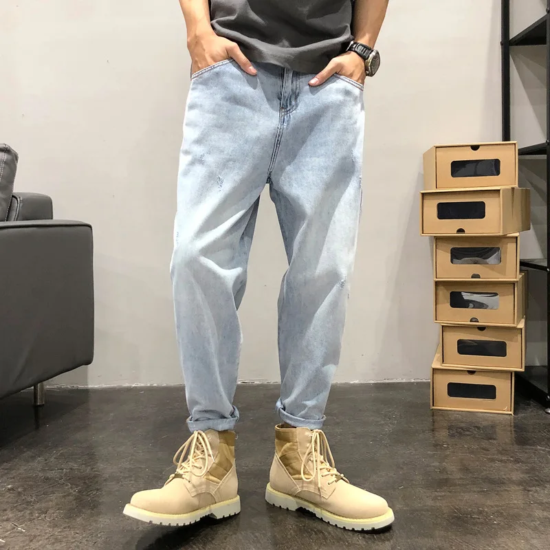 

Nn men Summer clothes wash water light color jeans men's fashion brand loose simple feet worn out Harlan pants INSTAGRAM