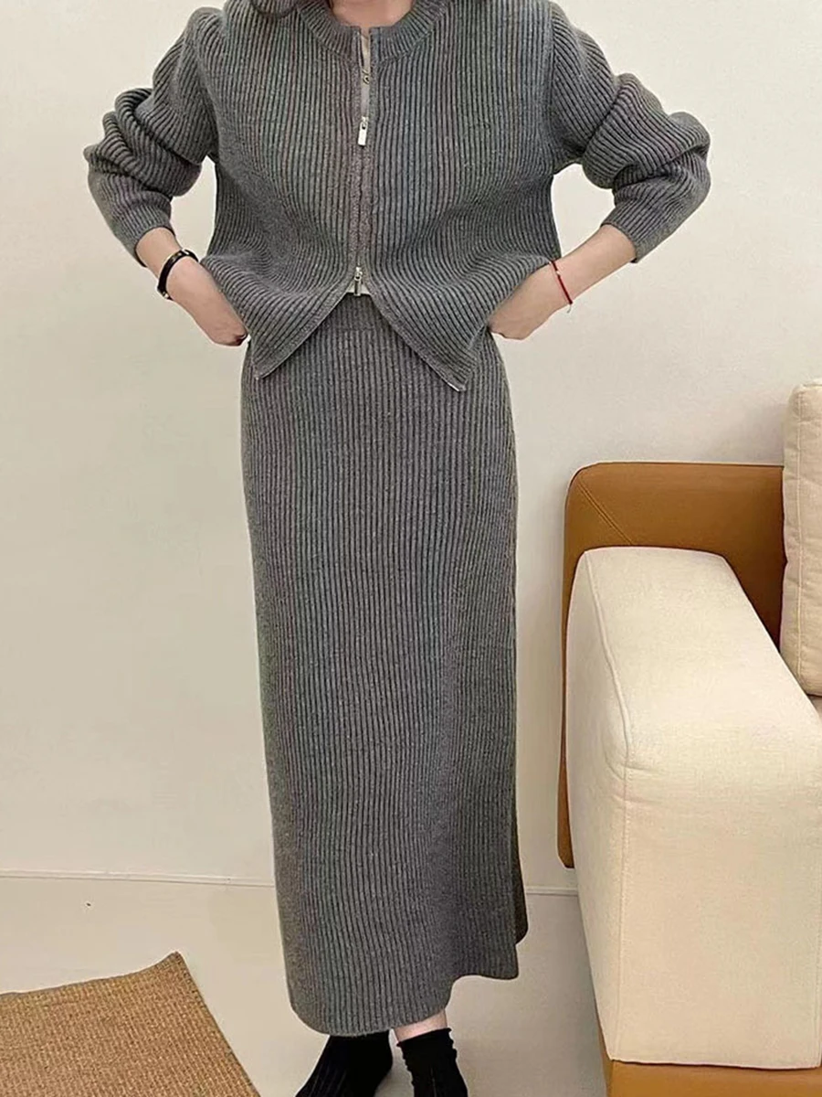 

Solid Simple Knitted Long Skirt 2 Piece Set Women O-neck Long Sleeve Zipper Cardigan Sweater Autumn Elegant Casual Skirts Sets