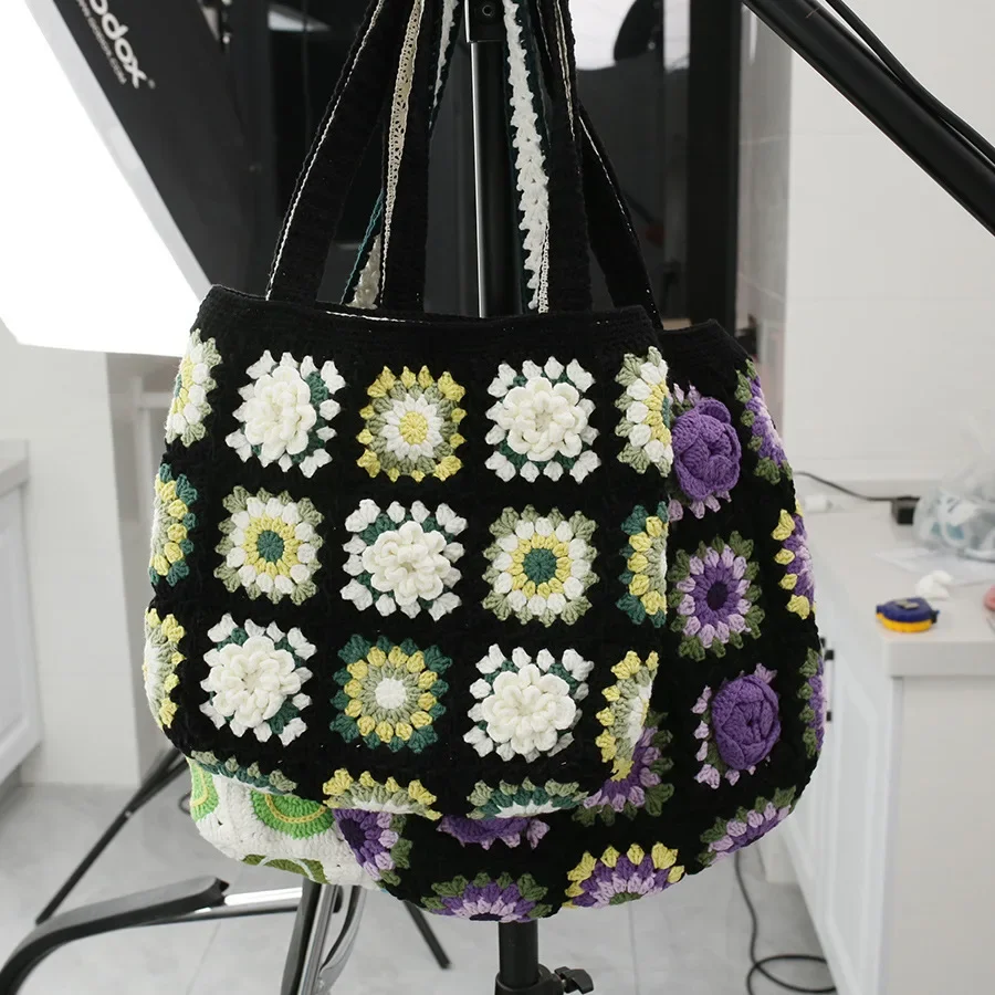 

Hook woven bag, finished knitted flower shoulder bag, handmade yarn woven bag