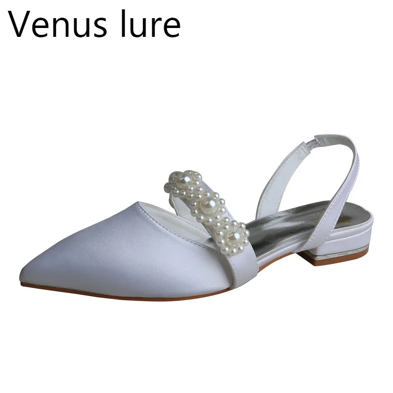 

Venus lure Wedding Pointed Toe Flats for Women Pearl Strap White Color Bridal Shoes Slingback