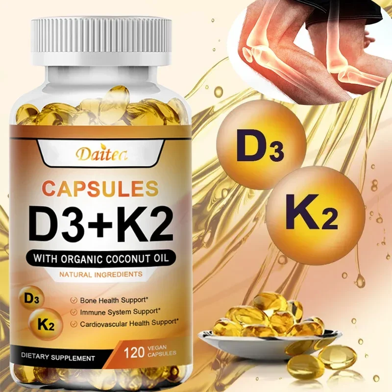 2-in-1 Vitamin D3K2 Capsules 5000iu Vitamin D3 200mcg K2 for Teeth Bones Heart Health Joint Health Immunity Organic Coconut Oil