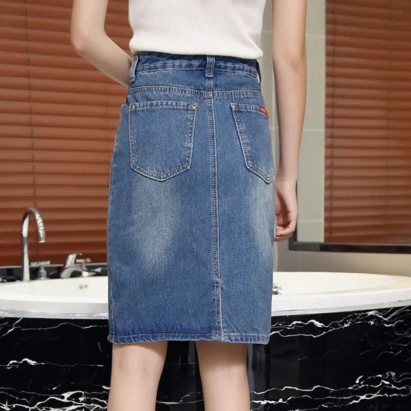 Female Jeans Skirts Midi To Knees Length High Waist Women's Denim Skirt Chubby Blue with Pocket Aesthetic Luxury Elegant Casual