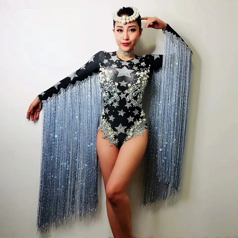

Sexy Women Long Sleeve Elastic Crystal Jumpsuit Blue Print Rhinestone Dancer Bodysuit Female Club Showgirl Stage Leotard Costume