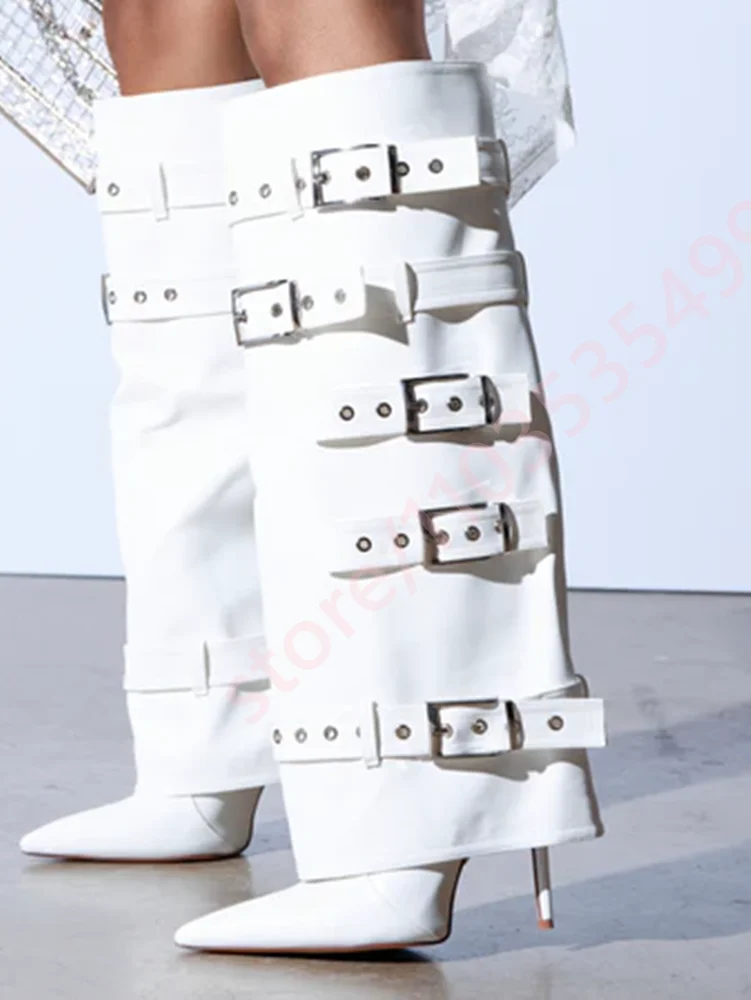 

White Pointed Buckle Trouser Boots Elegant Women's Stiletto Knee-High Boot Fashion Party Casual Long Boots New Autumn 2025 Style