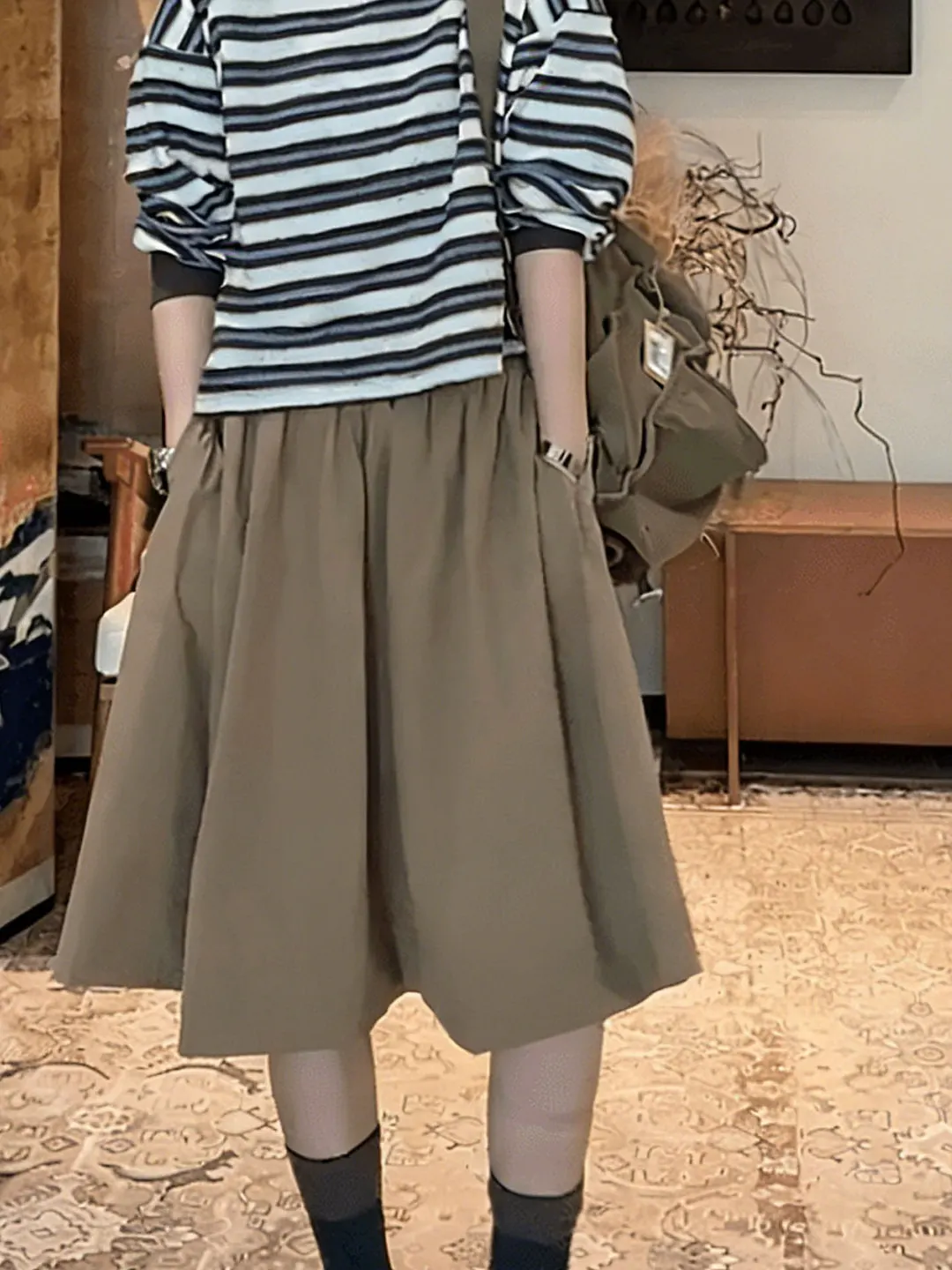 Korean Style Khaki Workwear High Waist Loose Women's  Skirt Summer Fashion plus Size Slimming A-Line Skirt