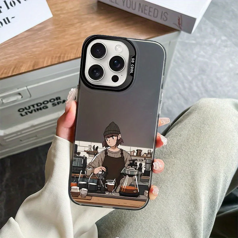 

Coffee-making girl phone case for iPhone 16 15 14 13 12 11 Pro/ Max/Plus shock-proof rear cover anti-fingerprint