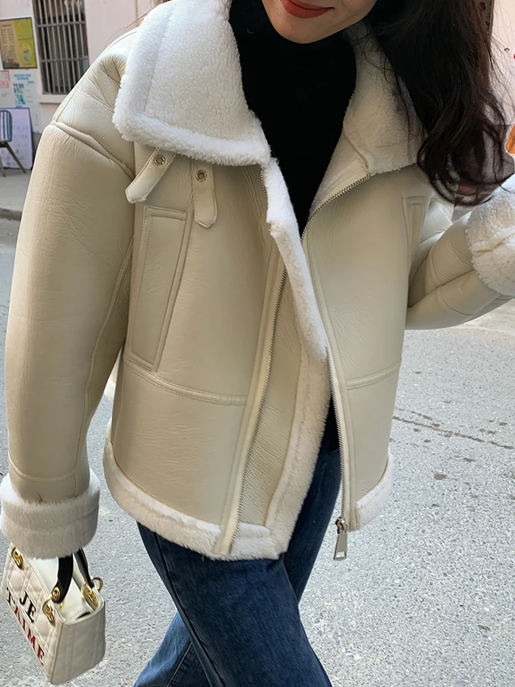 Lagoujian ort Thiened PU Leather Jaet Lamb Fur Lined Winter Coat Zipper Closure Long Sve Slim Fit Sle Faionable