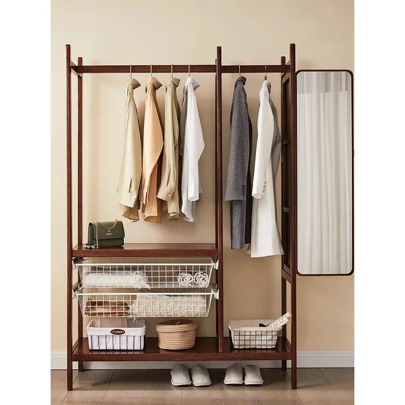 Solid wood hanger floor-to-ceiling bedroom coat rack with mirror integrated full body fitting mirror household basket storage ha