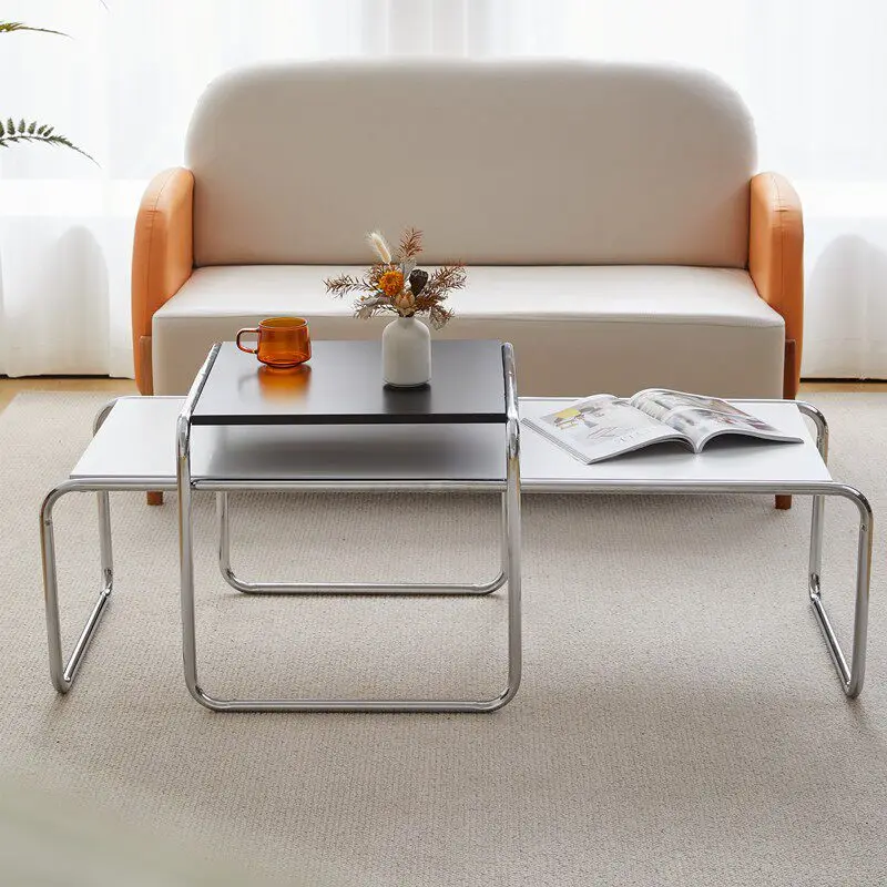 

Mid Century Lazio Rectangle Stainless Steel Nesting Coffee Table White Low Side End Stand Minimalist Designer Heavy Load Extra