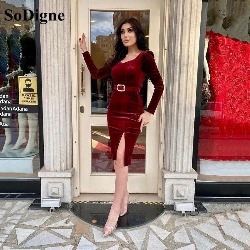 

SoDigne Burgundy Mermaid Velvet Evening Dress 2022 Long Sleeves Side Split Arabic Prom Gowns Dubai Formal Party Dress