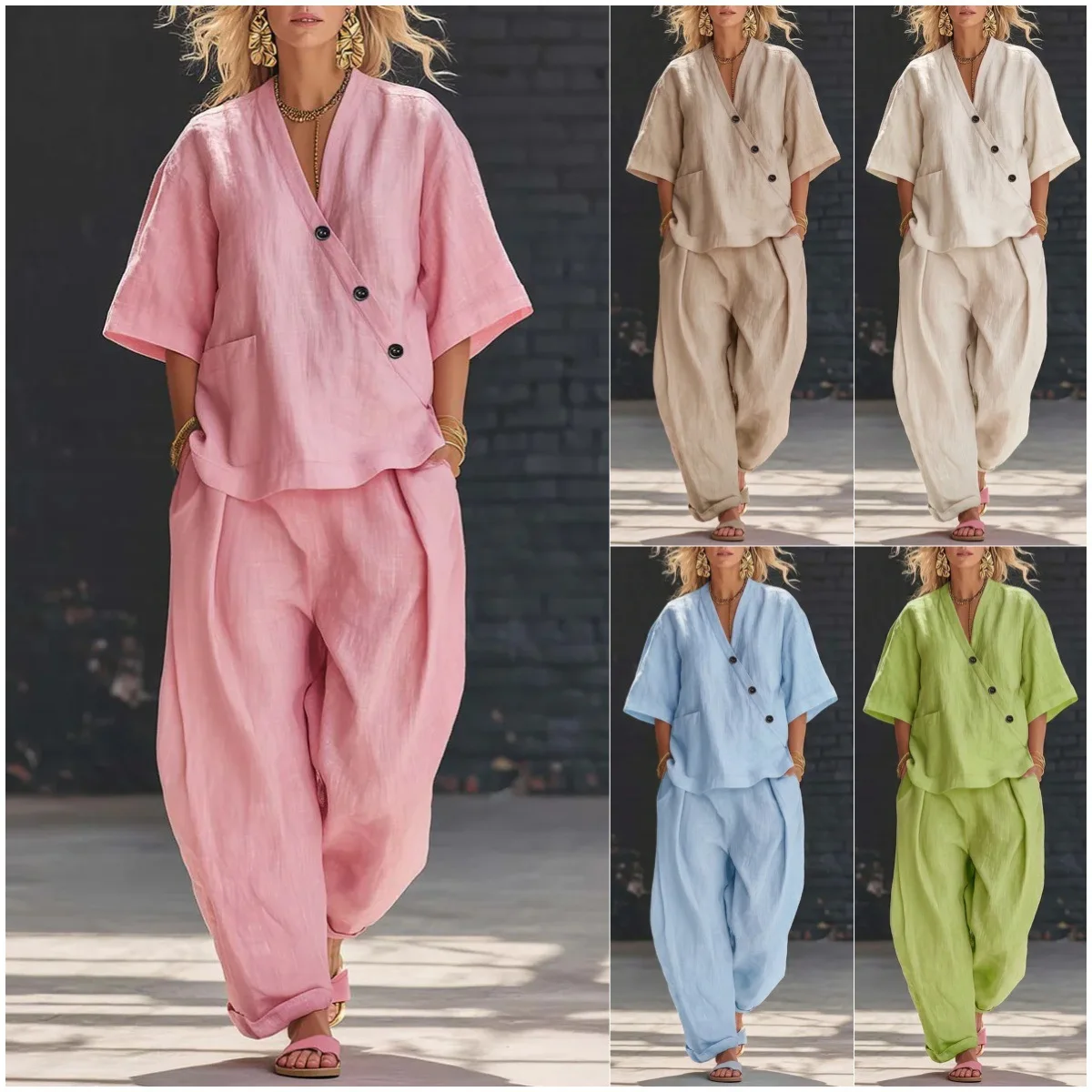 2026 Summer Women Linen Cotton 2 Piece Set V-Neck Short Sleeve Blazer Tops + Loose Wide Leg Pants Casual Outfit