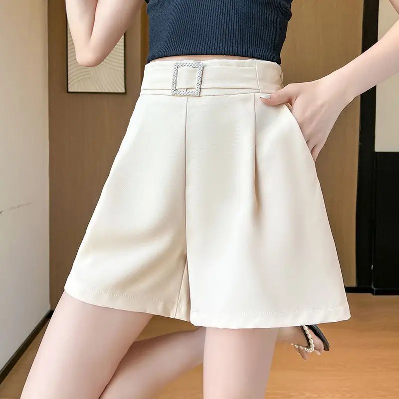 Summer Solid Color Women's Clothing High Waisted Rhinestone Sashes Comfortable Wide Leg Sports Pants Commuter Vacation Shorts