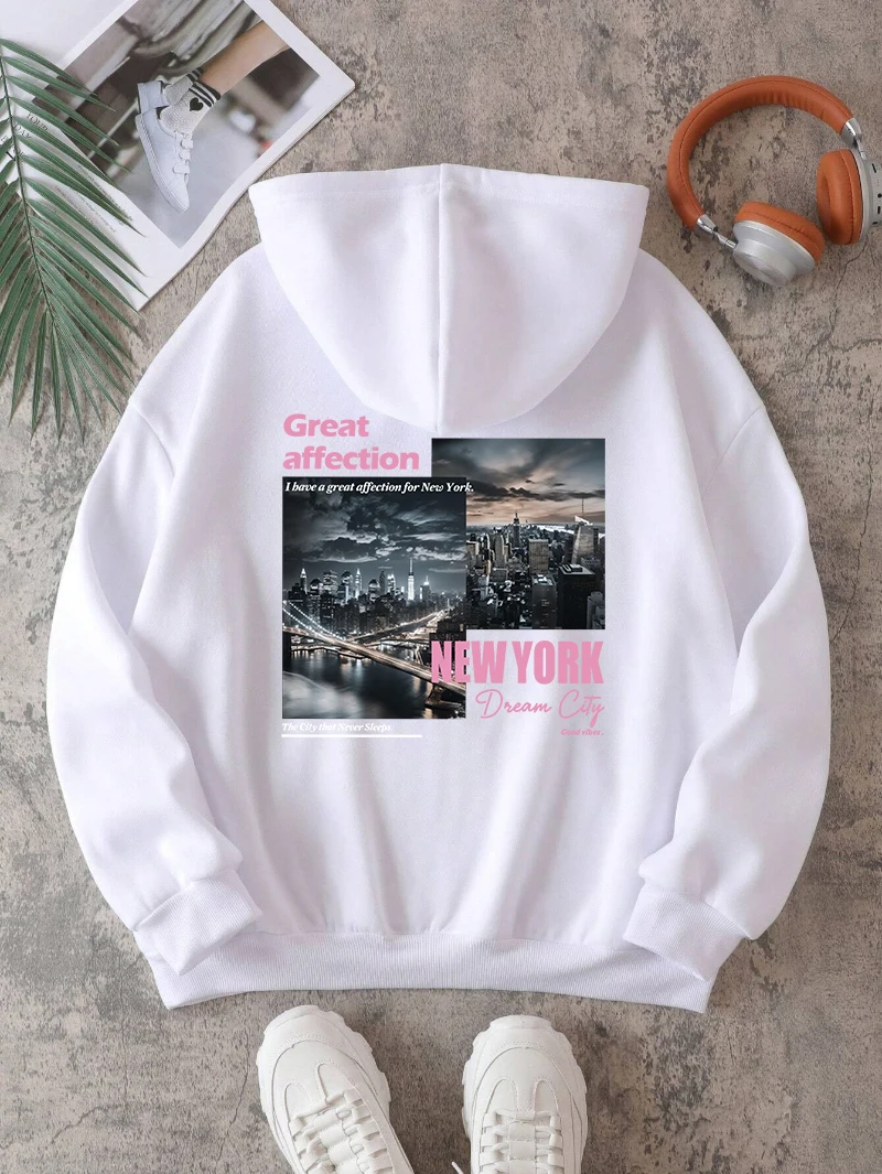 New York Dream City Printed Hoodies Casual Fashion Women Pullover Fleece Warm Pocket Sweatshirt Sporty Oversize Street Clothes