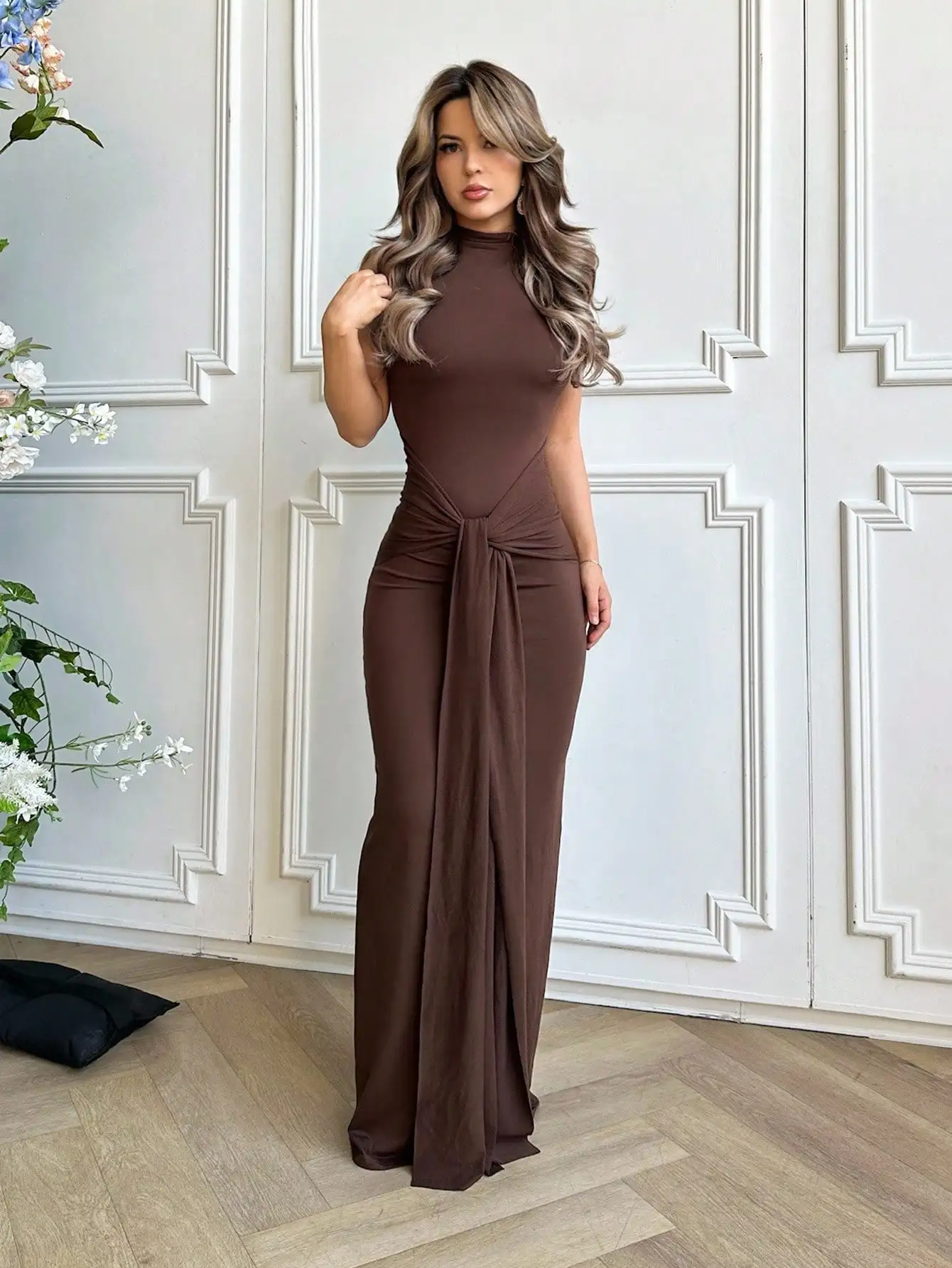 

Women's Mock Neck Tie-Front Wrap Maxi Dress, Elegant Solid Color