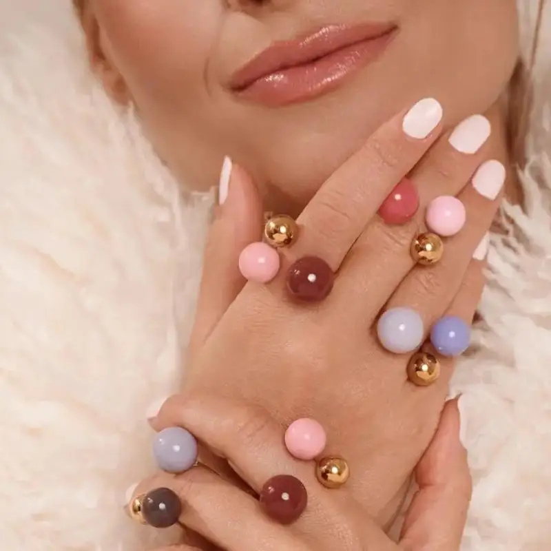 Boho Style Candy Color Enamel Ring Adjustable Open Droplet Ball Jewelry for Women Vacation Accessory