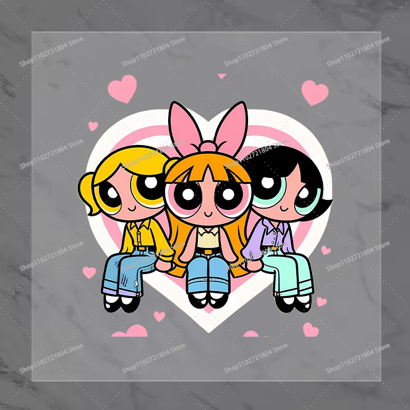 The Powerpuffs Girls Transfer Stickers Anime Cute Iron on Patch Decals Clothes Sticker T-shirt Hoodie Clothing Hats DIY Applique