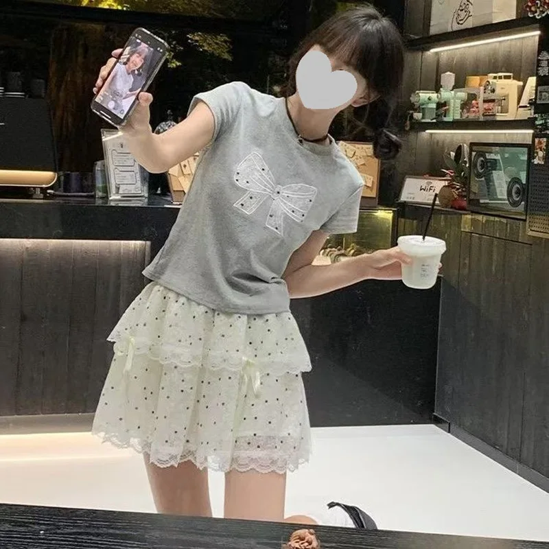 

Summer New High Waist Polka Dot Half Skirt with Lace Trim Knot Tie Layer Cake Skirt Women's Fashion Citywalk Dress