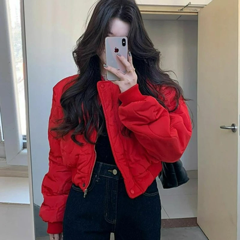 

Red Zipper Cotton Jacket for Women 2026 Autumn/Winter New Style Fashionable High-end Ladylike Style Cotton Outerwear Trend