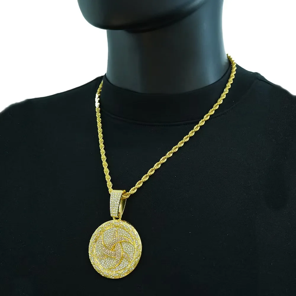 

Hip Hop Round Alloy Pendant Necklace, Full Drill 3A Zirconia Cuban Chain for Men, 55cm Copper Base Jewelry Gift for Daily Wear