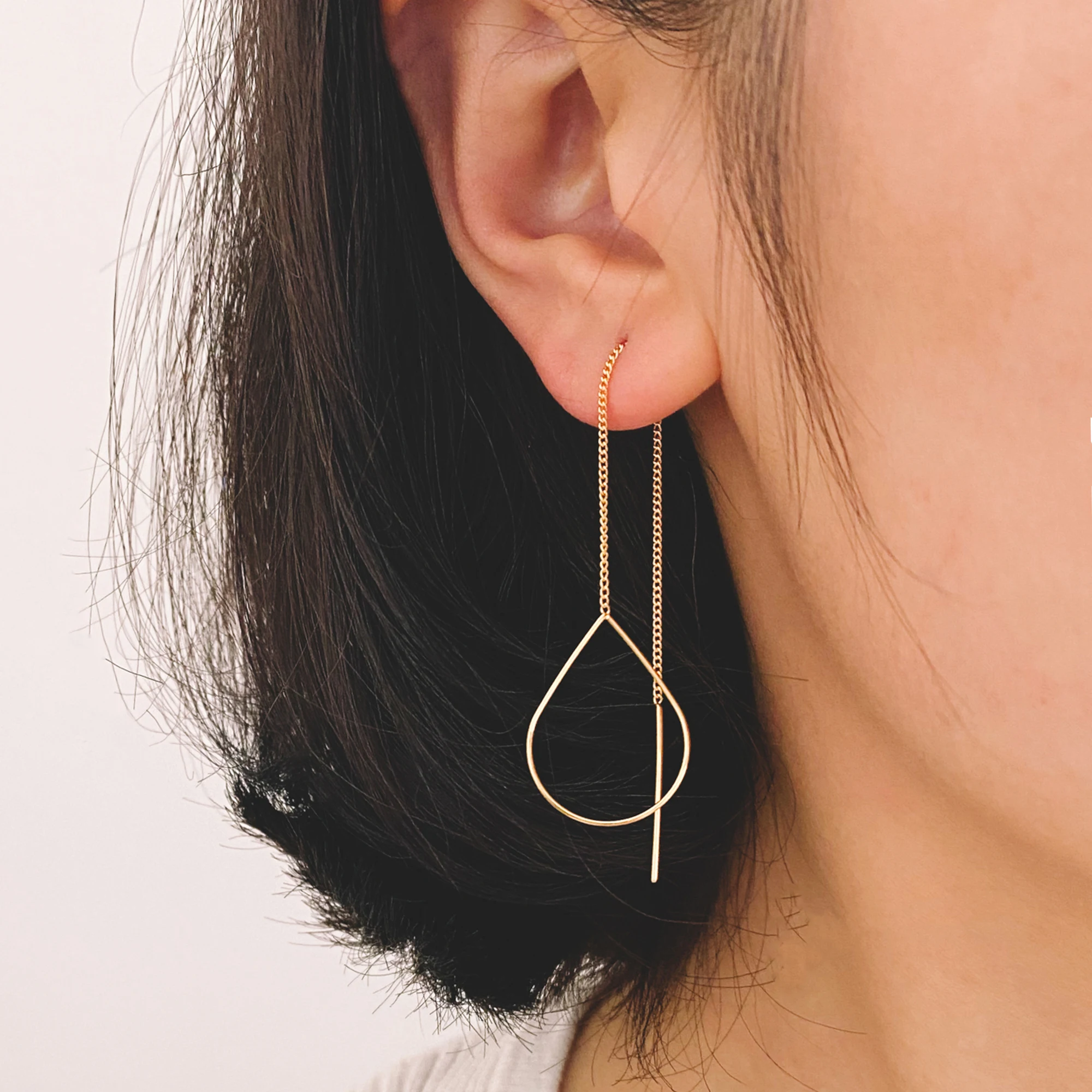 

10pcs Gold/ Silver Dainty Geometric Earwire Threader Chain Earrings with Teardrop Hoops (GB-1735)