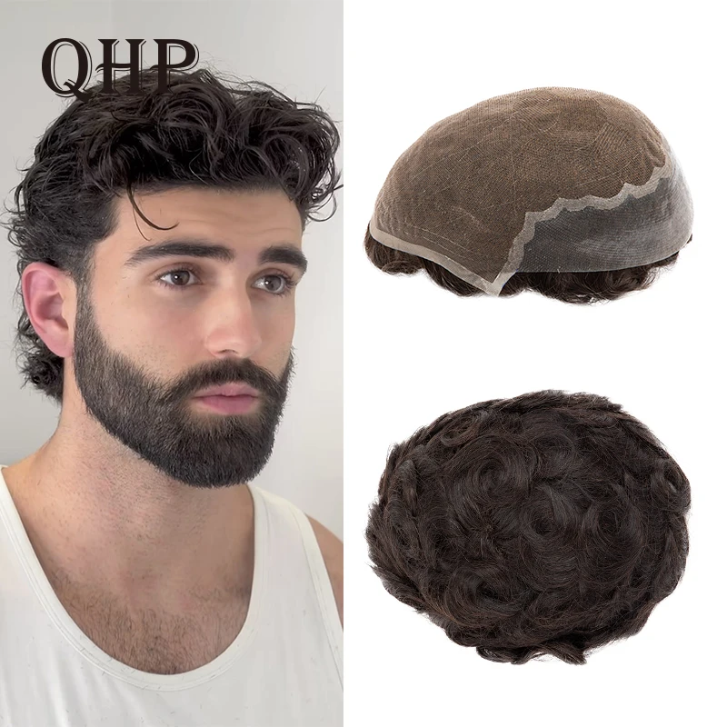 Toupee 남성용 인모 레이스 Pu, 모세관 보형물, 스트레이트 웨이브 가발, 내추럴 블랙 다크 브라운 헤어 피스 유닛, 100% 