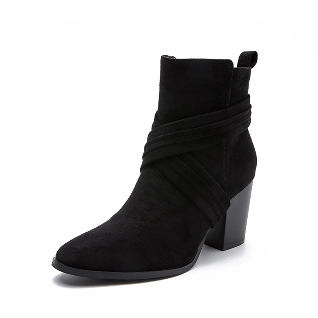 Bottes de rinçage à talons hauts en faux daim noir pour femmes, bout pointu, talon carré, botte courte à la mode, botte à glissière latérale, chaussure pour femme, hiver