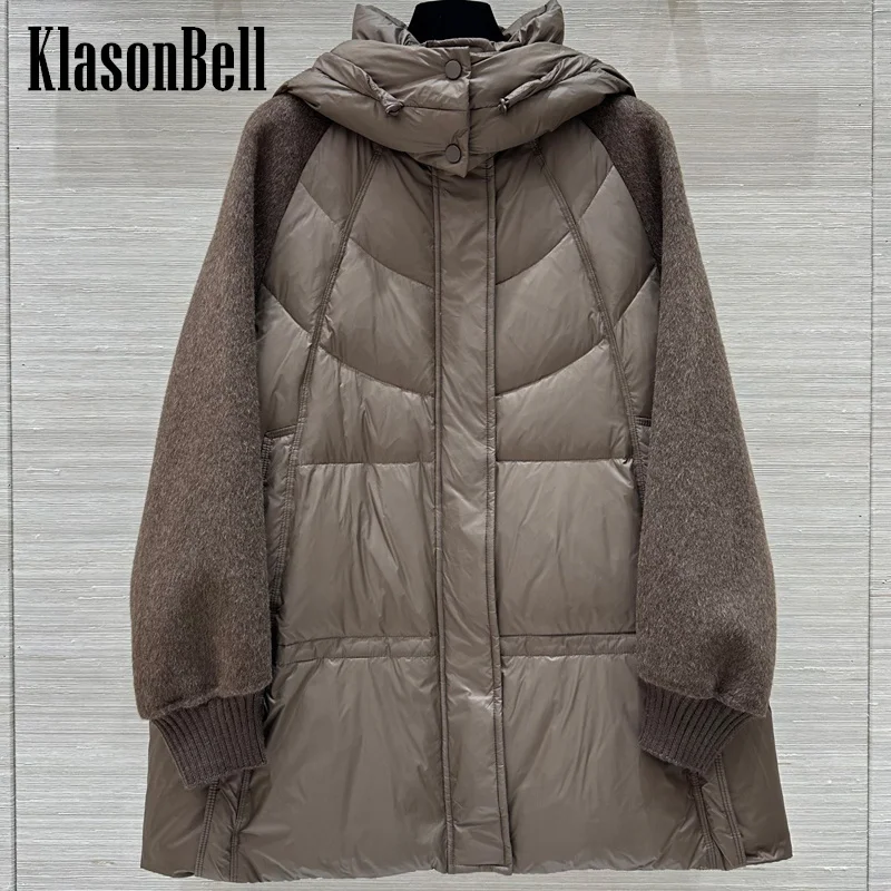 10.7 KlasonBell-Women 2024 Autumn Winter New Wool Spliced Quilted Hooded White Duck Down Loose Zipper Outerwear