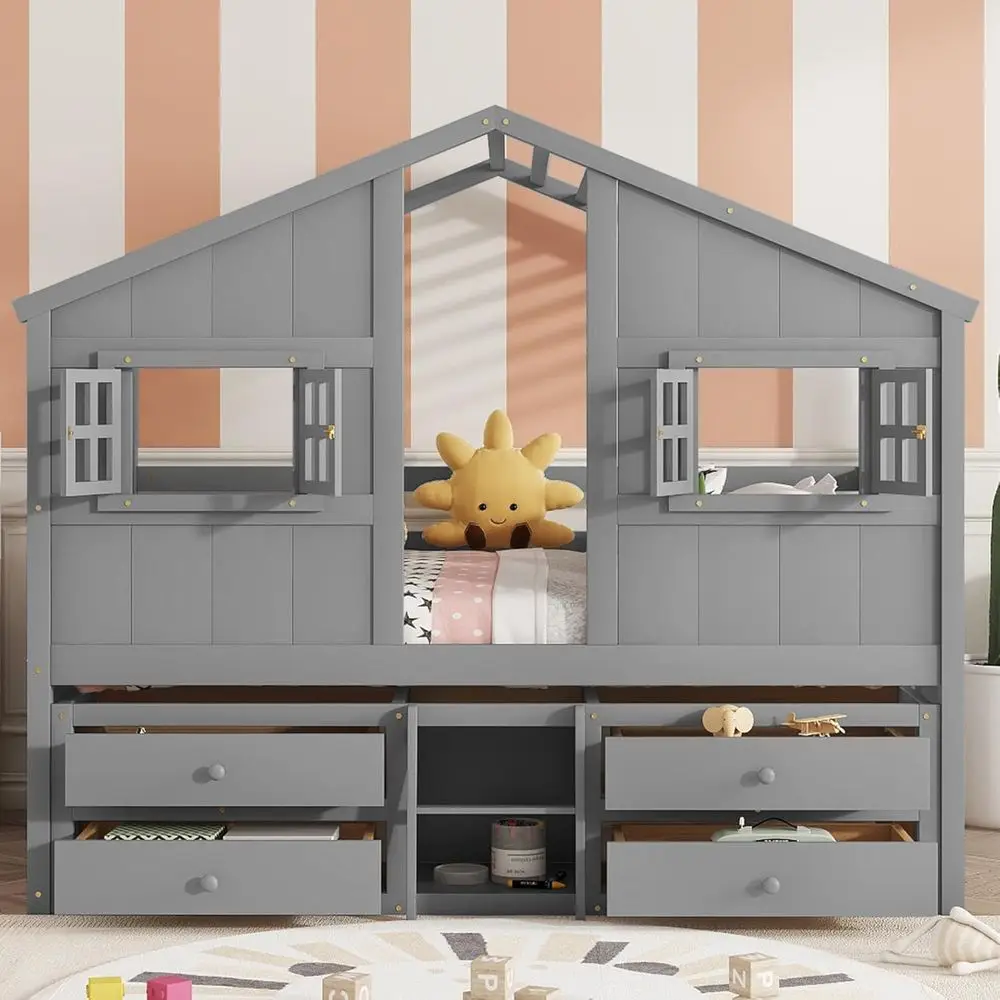 

Pine Wood Kids Bed with Storage Drawers, Ladder, and Safety Rails, Grey, Suitable for Child's Bedroom