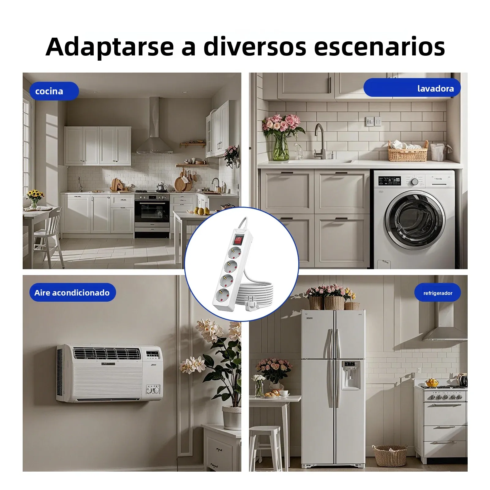Imagen 6: Protector de Sobretensión de 4 Tomas de Corriente para la UE, Cable de Extensión de 1.5m/2m, Adaptador de Enchufe de CA, Adaptador de 4 Tomas con Protección Contra Sobrecarga