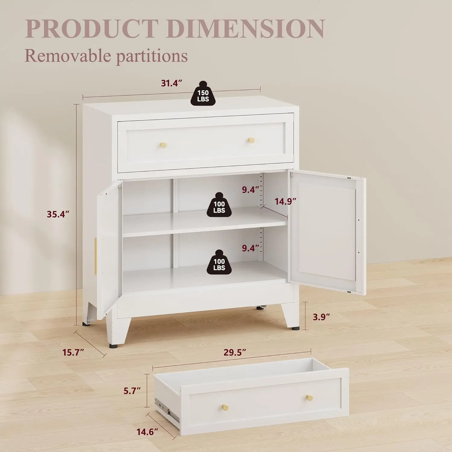 White Metal Buffet Cabinet with Storage for Kitchen or Dining Room