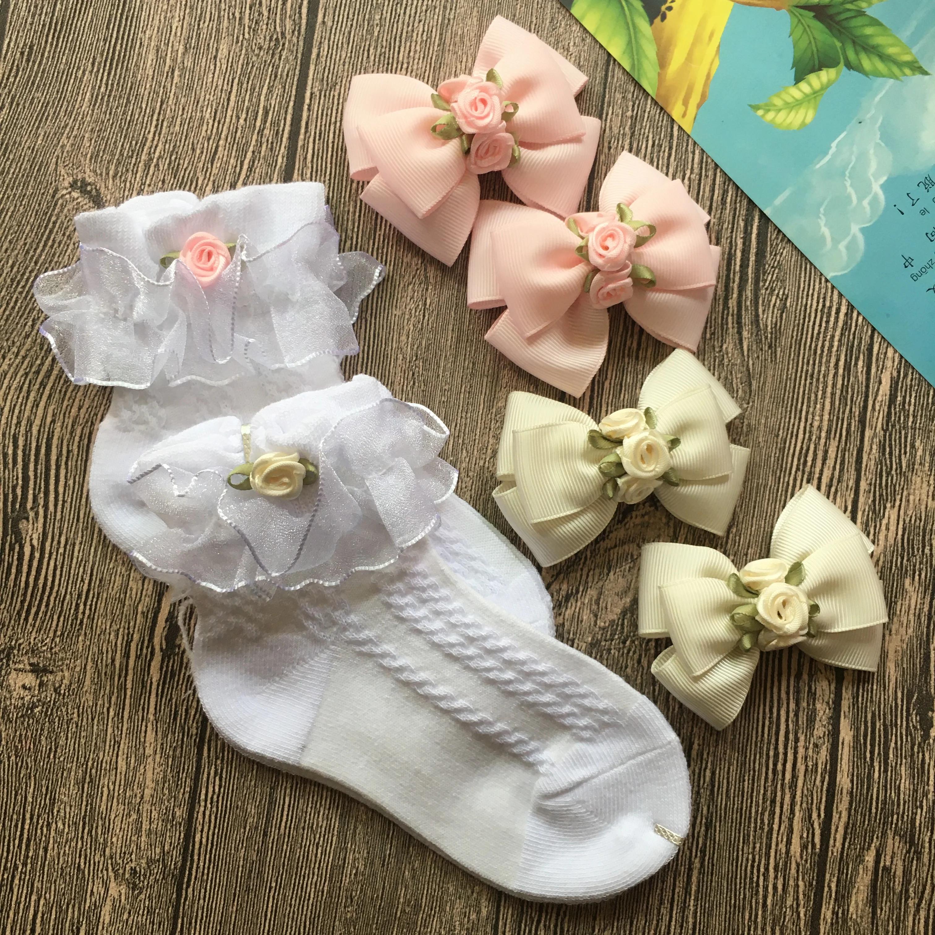 Newborn Baby Girls Hair Clips With Baby Cotton Socks Set Kids Hair Bows Infant Knotbows Hairclips 6 Colors